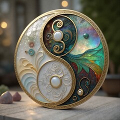 Naklejka premium Colorful Yin-Yang symbol in an ornate background, featuring an artistic and vibrant design that represents harmony and balance with intricate patterns and bright colors
