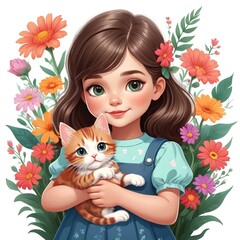 Cartoon of girl with kitten and bright flowers, cheerful scene, white background.  