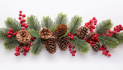 decorative garland with pine cones and red berries arranged on a festive background ideal for holiday celebrations and winter season decor isolated on white background