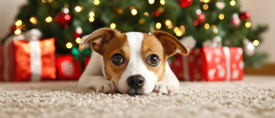 Festive Canine Joy, a small adorable dog sprawled on a carpet, surrounded by the warmth of a Christmas tree and holiday spirit.