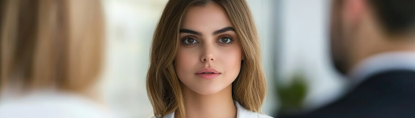 Obraz premium Close up of businesswoman engaged in discussion, showcasing confidence and professionalism in modern office setting