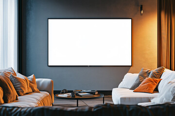 A TV screen with a blank space for an image in a modern living room, with a sofa and coffee table in the foreground. Mockup with blank space.