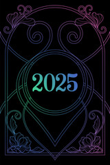 Luxury Art Nouveau New Year 2025 festive greeting card. Vintage art nuvo winter celebration poster.
