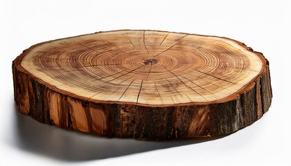 tree stump showing annual rings and natural wood texture in sunlight isolated on white background