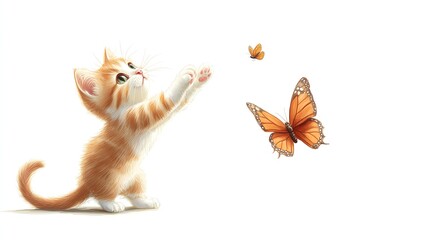 Fototapeta premium a 2D cartoon illustration of a cat catching a butterfly, playful and cute, white background--ar 16:9