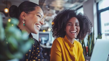 Happy businesswomen communicating while using laptop and working in creative office.