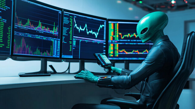 Alien operating multiple monitors while analyzing data trends