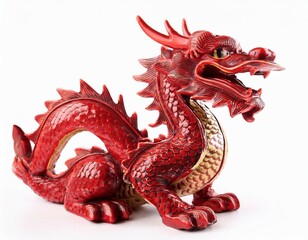 intricate vibrant red dragon figurine isolated on white background
