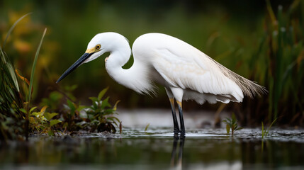 Naklejka premium Snowy egret wading in shallow water surrounded by green vegetation and blurred natural background