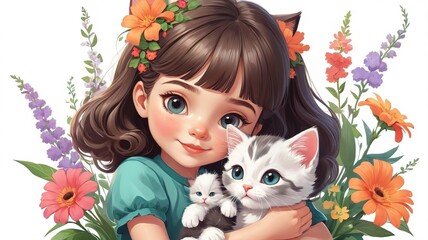 Little girl holding a kitten with bright flowers beside, cartoon style, white background.  