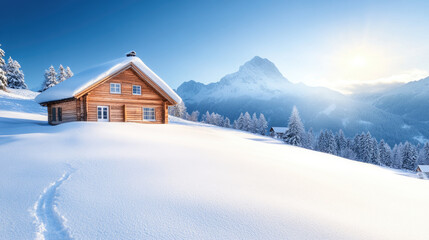 Tyrolean Winter Retreat, cozy ski chalet nestled in serene snow-covered mountains, inviting warmth amidst breathtaking alpine scenery