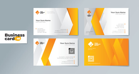 Set of double sided business card templates with simple orange folded ribbons on orange and white background