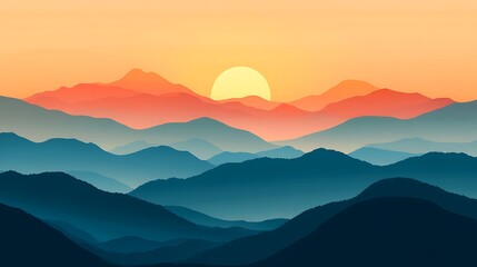 Obraz premium A serene sunset over layered mountains, showcasing gradient colors and a peaceful atmosphere.