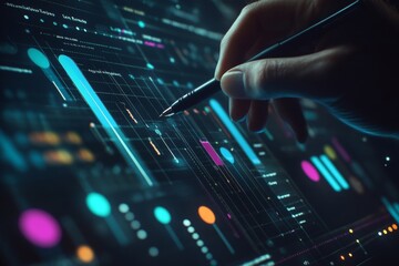 Businessman illustrates digital project management with gantt chart animation on virtual screen