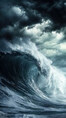 A massive wave crashes under a stormy sky.