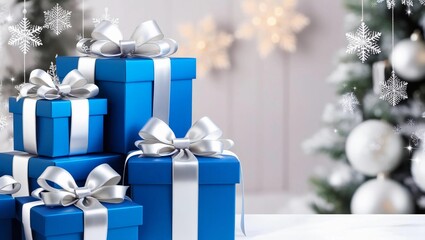 Elegant blue gift box with silver ribbon and Christmas tree background for celebrations, birthdays, holidays, and Christmas 2