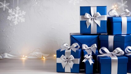 Blue gift box with silver ribbon and Christmas tree background for celebrations, birthdays, holidays, and Christmas