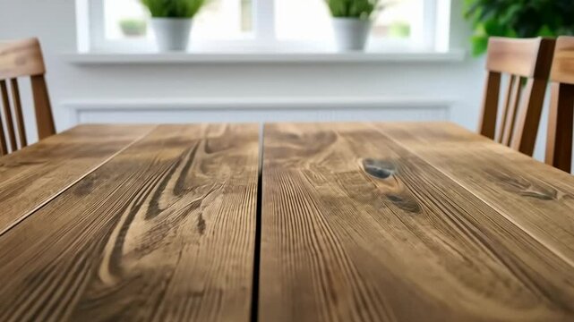 Close-up of an empty rustic wooden dining table with chairs, perfect for family gatherings or Thanksgiving