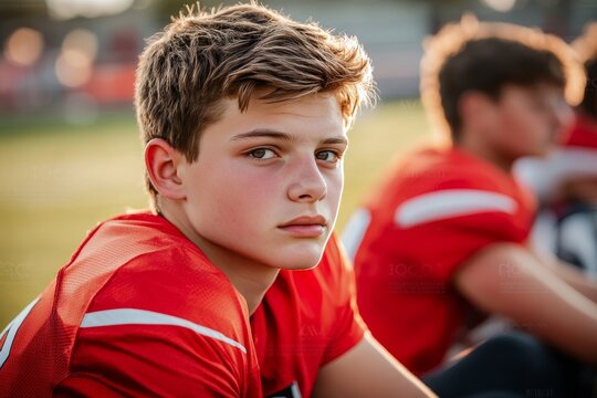 Young football player posing together on the field in a dynamic sports photography shot - Powered by Adobe