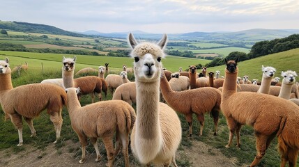 Fototapeta premium Group of alpacas standing in a lush, open field with rolling hills in the background on a clear day