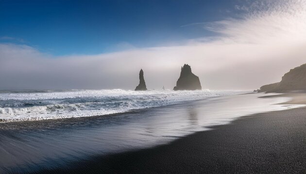 serene misty coastal landscape with black sand beach and solitary sea stack under soft light - Powered by Adobe