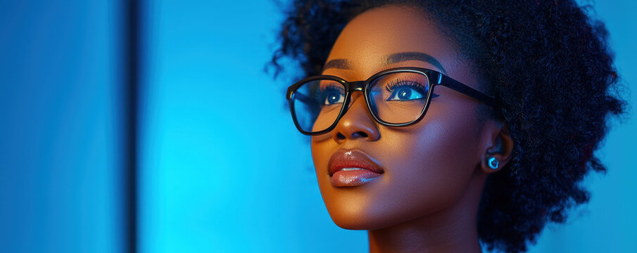close up of woman with curly hair wearing glasses, looking thoughtfully into distance, illuminated by blue light, showcasing modern and tech savvy vibe