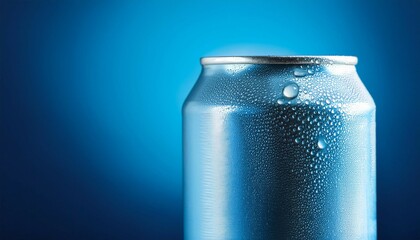 aluminum beverage can against blue background covered in condensation
