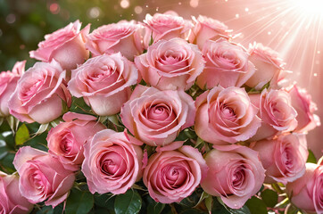 Obraz premium Wedding anniversary, wedding celebration and valentine's day. Bouquet of pink rose. Romantic background. 