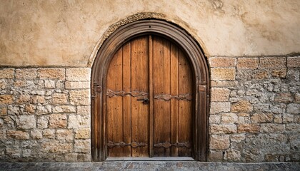 wooden arched door in aged wall textured surface