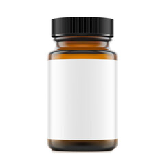 Brown glass wide mount bottle with screw cap and label mockup for treats, vitamins, supplements isolated on white background. Vector illustration. Ready for your design. EPS10.