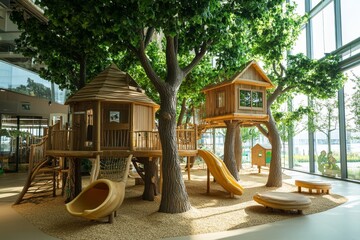 Children enjoying playtime in a natural wood play area featuring an indoor tree house