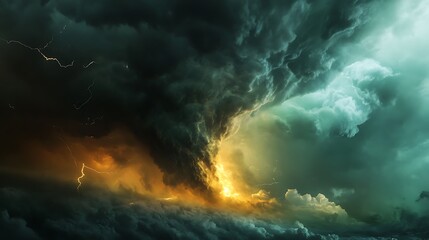 Fototapeta premium A dramatic sky filled with swirling clouds, lightning, and a fiery glow, depicting a powerful storm.