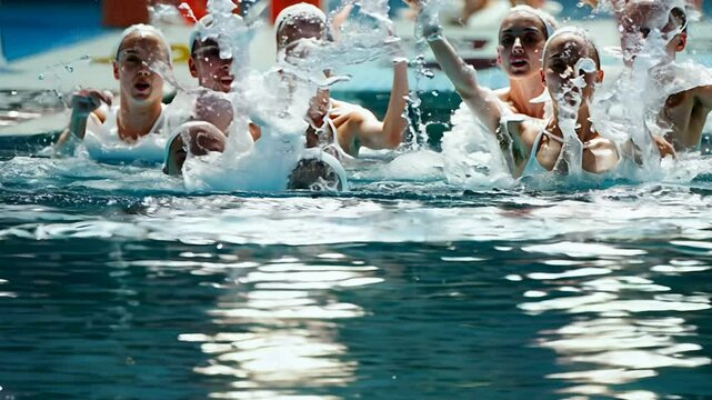 A group of skilled athletes captivates the audience with their synchronized movements in a shimmering blue pool. Each swimmer gracefully mirrors the others, displaying perfect harmony and artistry.