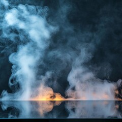 Obraz premium Backlit smoke in a dark room, reflective surfaces catching light, creating a mysterious atmosphere