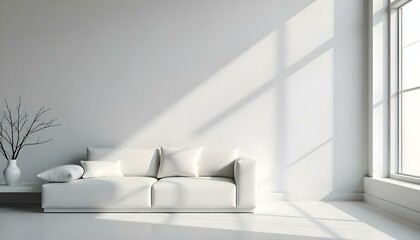 A minimalist white room with a large window, a white couch, and a vase with branches on a shelf