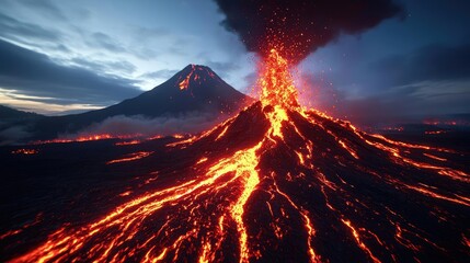 Fototapeta premium Active volcano erupting with lava flow and smoke against a dramatic sky.