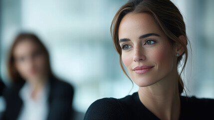 Obraz premium Confident woman in bright office setting, engaged in group discussion, showcasing focus and professionalism. Her expression reflects determination and insight