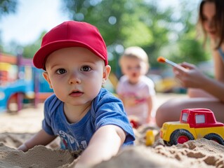 Young boy in red cap enjoys sandbox play with friends while mother creates art at playground
