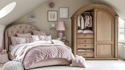 A cozy bedroom with a tufted pink headboard, a wooden wardrobe, and a soft blanket.