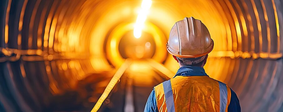 Worker observing a tunnel under construction, illuminated with warm light.