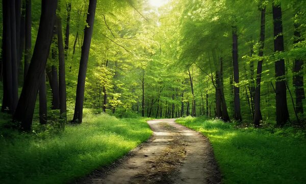A winding path through a lush green forest with sun shining through the trees.