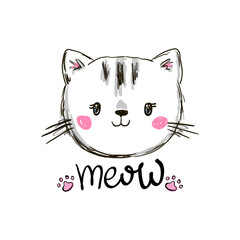 Hand drawn cute cat and the inscription meow. Vector illustration in cartoon style.