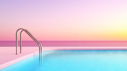Obraz premium A tranquil modern swimming pool at sunset, inviting relaxation with its crystal-clear blue water and elegant handrail