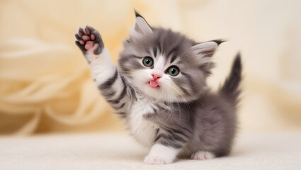 Obraz premium A kitten is waving its paw in the air. The kitten is looking at the camera with a curious expression