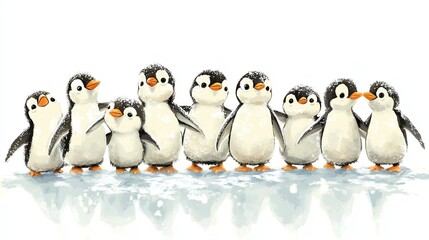 a 2D cartoon illustration of a group of penguins standing on ice, cute and chilly, white...