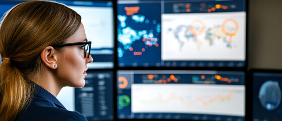 A focused professional analyzes data on multiple screens, showcasing a modern workspace with charts and global maps.