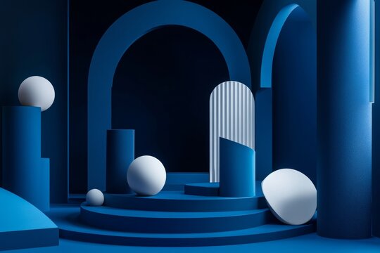Stylized 3d environment with curved forms on navy background for digital sales campaigns