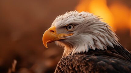 Obraz premium Close-up of a bald eagle with sharp eyes and detailed feathers against a warm blurred background
