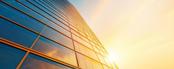 Modern skyscraper with a glass facade, backlit sun reflecting warm hues, sleek and futuristic