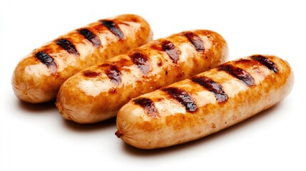 Succulent grilled sausages isolated on bright background perfect for culinary advertising and appetizing food presentations